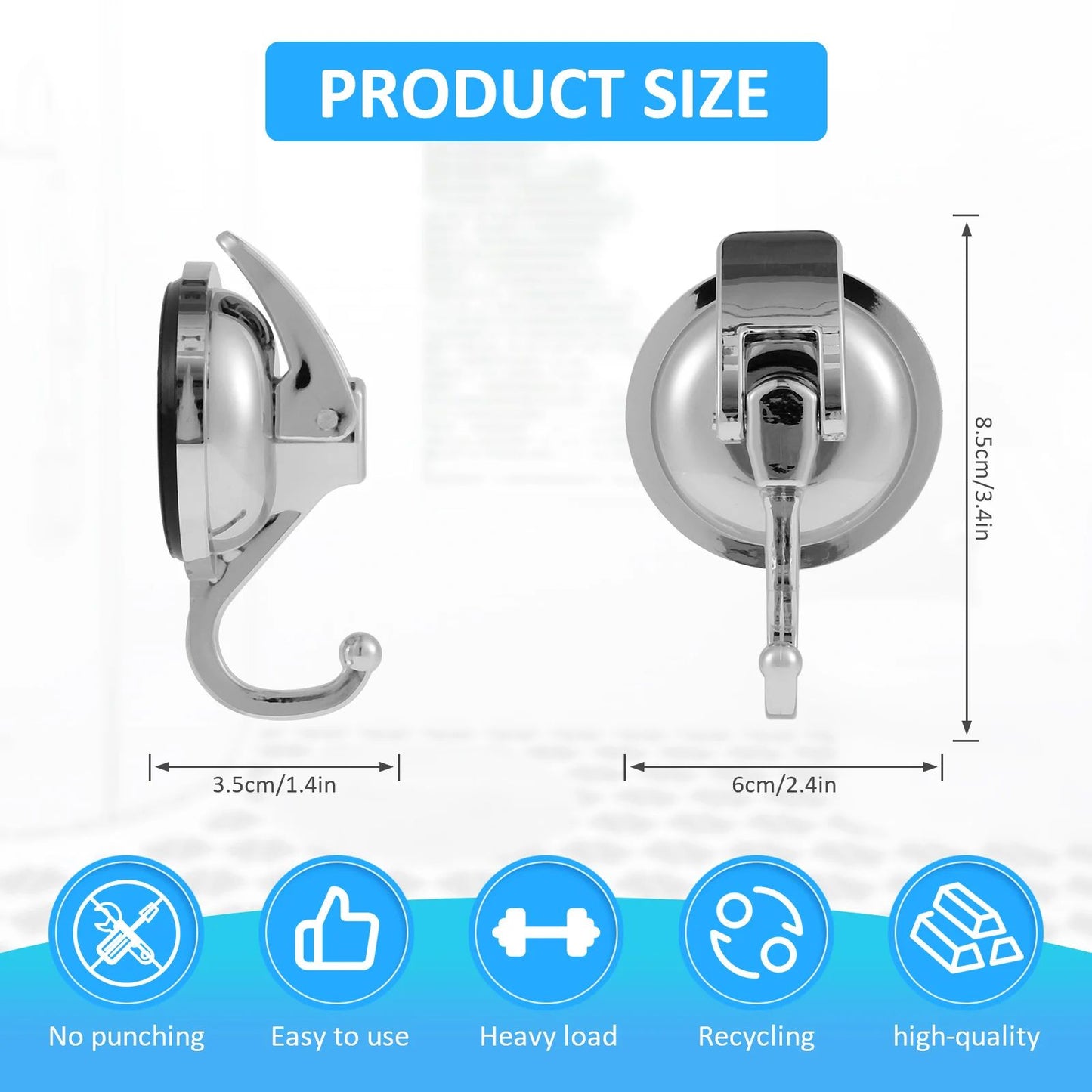 Heavy-Duty Suction Cup Hooks (2-Pack), No-Drill Shower & Kitchen Vacuum Hooks