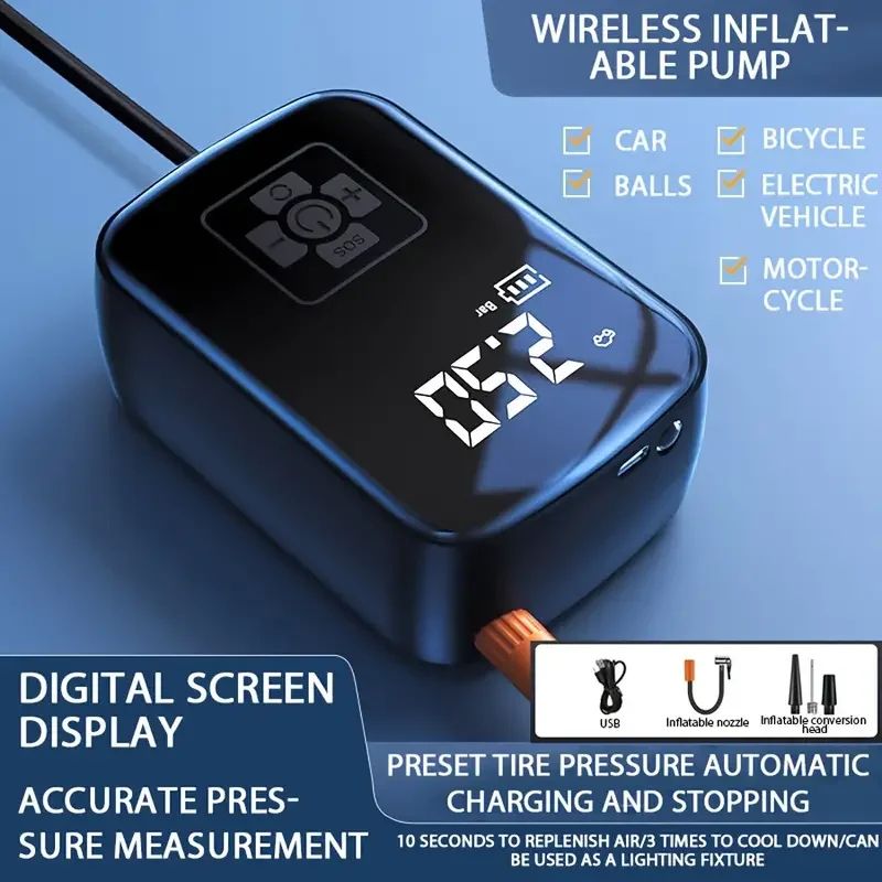 Wireless Car Air Compressor Tire Inflator with Digital Pressure Gauge for Car, Motorcycle, Bicycle, Balls and Inflatable
