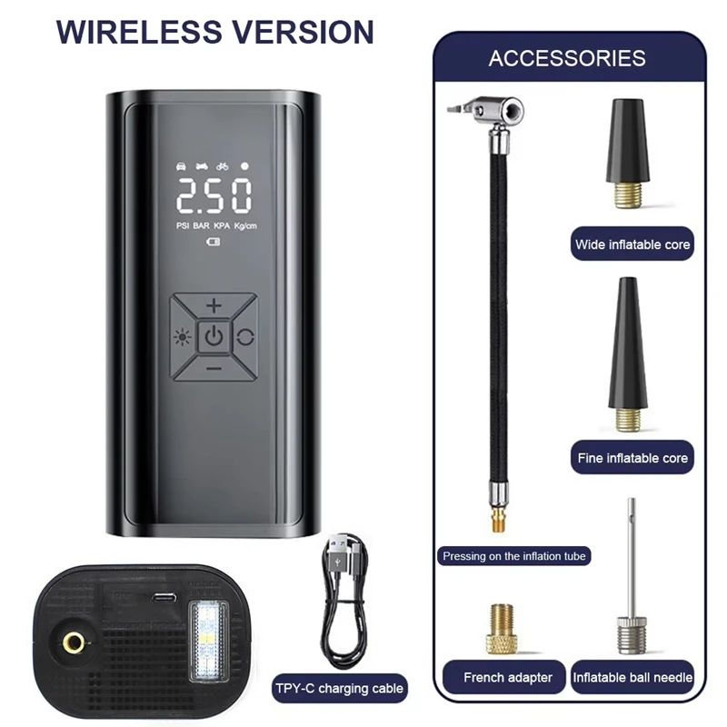Wireless Car Air Compressor Tire Inflator with Digital Pressure Gauge for Car, Motorcycle, Bicycle, Balls and Inflatable