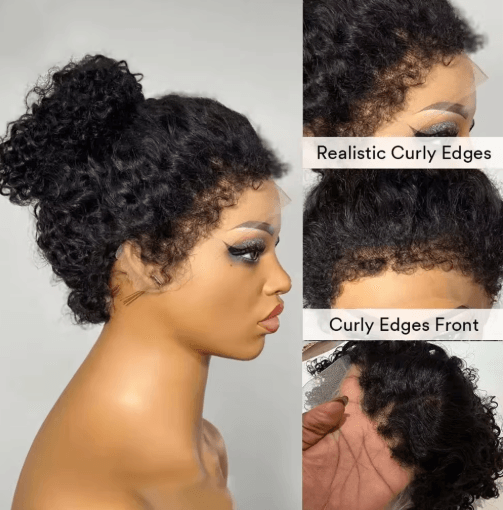 Short Bob 4C Kinky Curly Human Hair Lace Front Wig with Transparent 4by4 Closure
