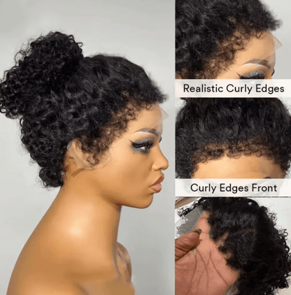 Short Bob 4C Kinky Curly Human Hair Lace Front Wig with Transparent 4by4 Closure