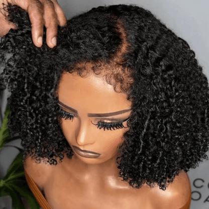Short Bob 4C Kinky Curly Human Hair Lace Front Wig with Transparent 4by4 Closure
