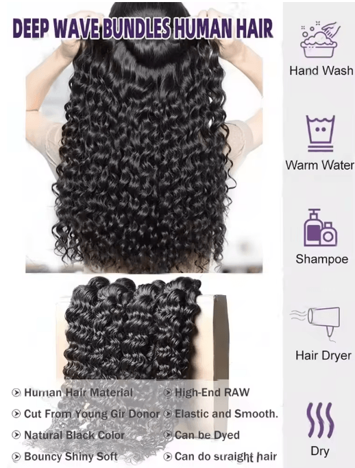 30–34 Inch Deep Wave Virgin Human Hair Bundles, Raw Unprocessed Double Weft