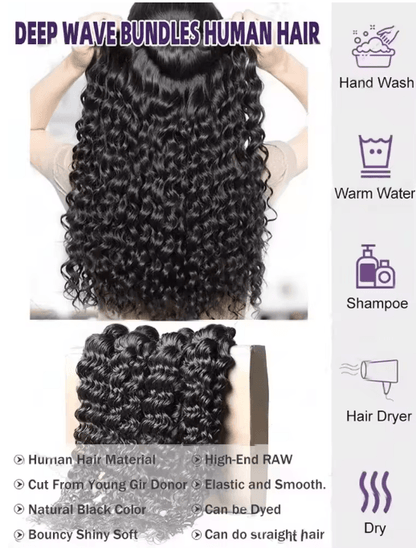 30–34 Inch Deep Wave Virgin Human Hair Bundles, Raw Unprocessed Double Weft