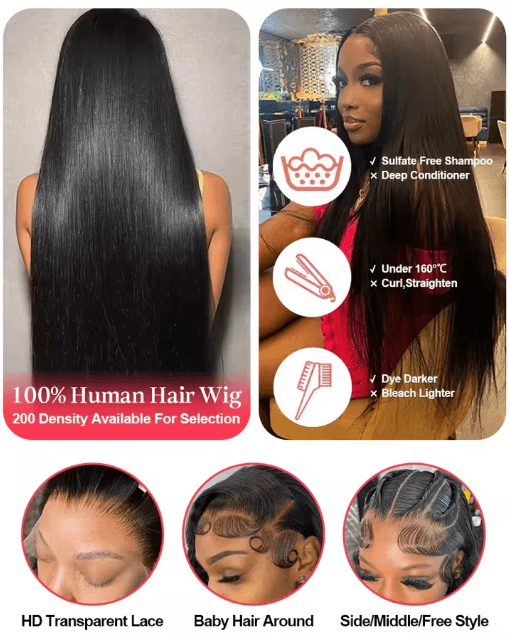 100% Human Hair Bone Straight 13x6 HD Lace Front Wig 5x5 Glueless 40 Inch 13x4 Lace Frontal Wigs Black Closure Brazilian