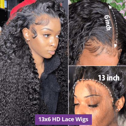 13by6 HD Lace Frontal Deep Wave Human Hair Wig, 250 Density Brazilian Curly Wig