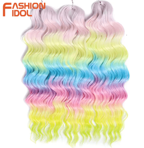 FASHION IDOL 24-Inch Ombre Rainbow Water Wave Crochet Hair, Synthetic Deep Wave Braiding Extensions