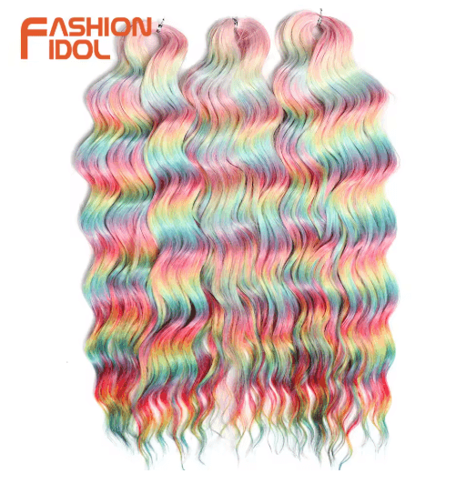 FASHION IDOL 24-Inch Ombre Rainbow Water Wave Crochet Hair, Synthetic Deep Wave Braiding Extensions