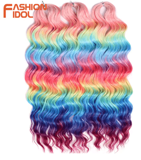 FASHION IDOL 24-Inch Ombre Rainbow Water Wave Crochet Hair, Synthetic Deep Wave Braiding Extensions
