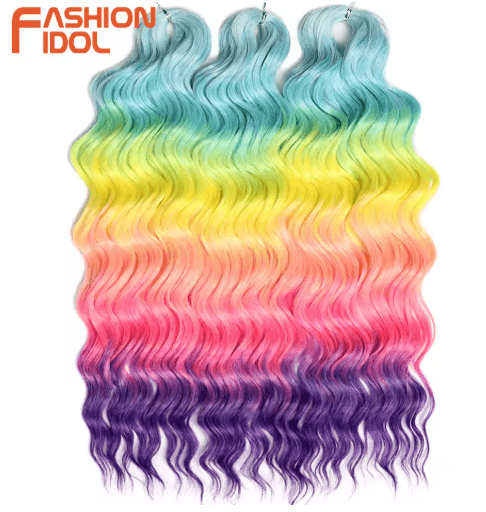 FASHION IDOL 24-Inch Ombre Rainbow Water Wave Crochet Hair, Synthetic Deep Wave Braiding Extensions