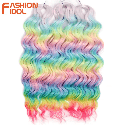 FASHION IDOL 24-Inch Ombre Rainbow Water Wave Crochet Hair, Synthetic Deep Wave Braiding Extensions