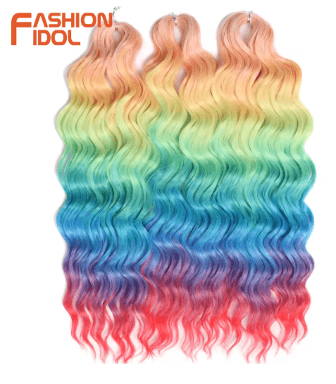 FASHION IDOL 24-Inch Ombre Rainbow Water Wave Crochet Hair, Synthetic Deep Wave Braiding Extensions