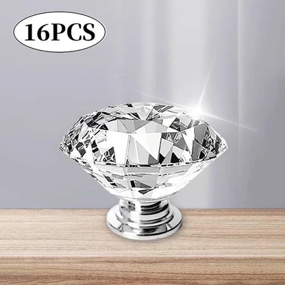 Crystal Glass Cabinet Knobs Set of 16 – Diamond Cut Decorative Furniture Handles for Cabinets & Dressers