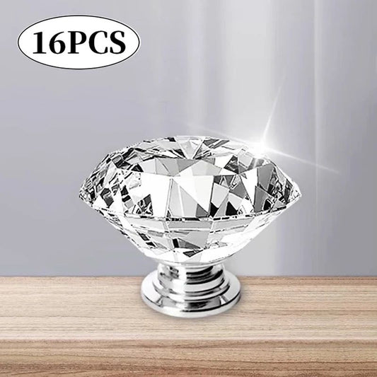 Crystal Glass Cabinet Knobs Set of 16 – Diamond Cut Decorative Furniture Handles for Cabinets & Dressers