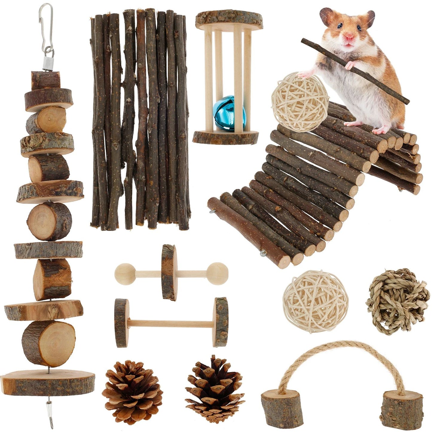 Natural Wood Chew Toy Set for Small Pets – Ultimate Hamster Chew Toy Set for Dental Health & Play