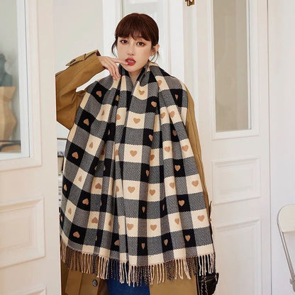 Autumn & Winter Heart-Shaped Plaid Scarf – Thick Oversized Blanket Shawl