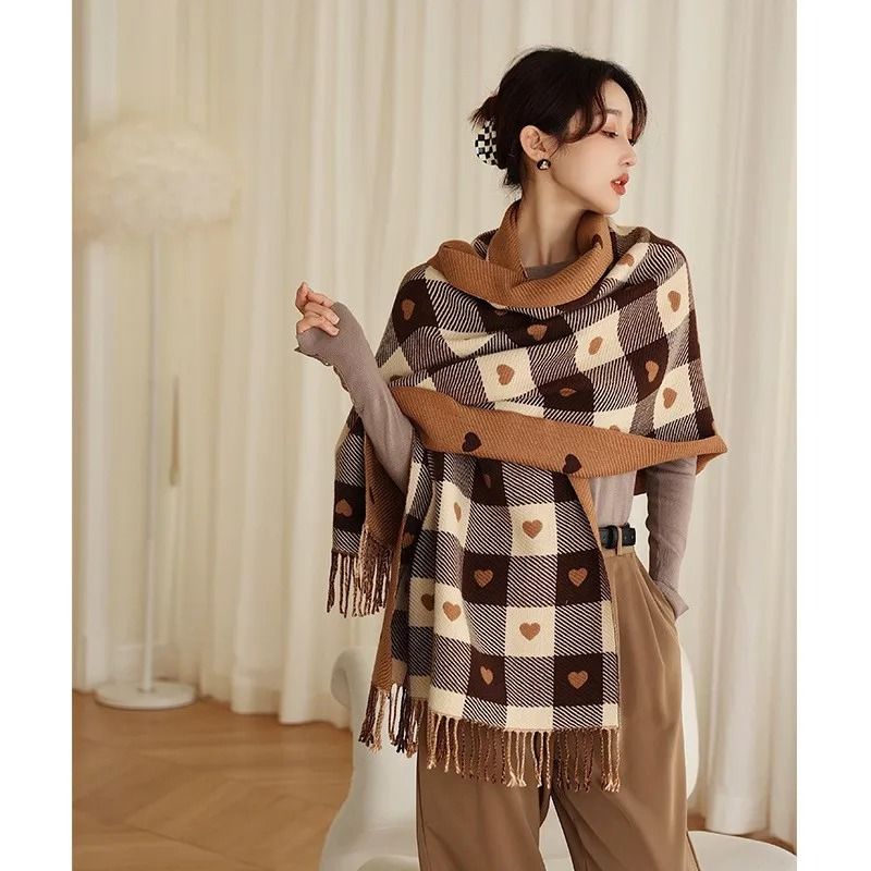 Autumn & Winter Heart-Shaped Plaid Scarf – Thick Oversized Blanket Shawl