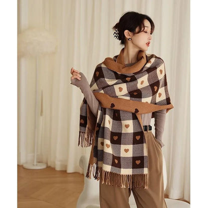 Autumn & Winter Heart-Shaped Plaid Scarf – Thick Oversized Blanket Shawl