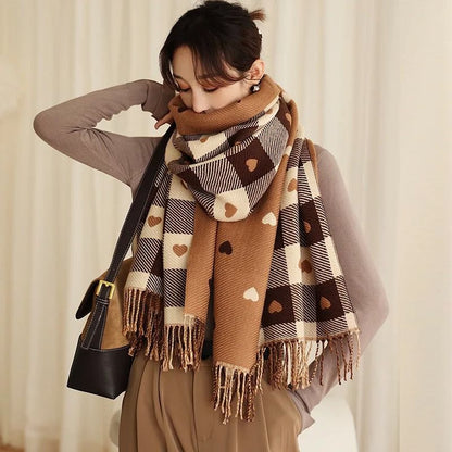 Autumn & Winter Heart-Shaped Plaid Scarf – Thick Oversized Blanket Shawl