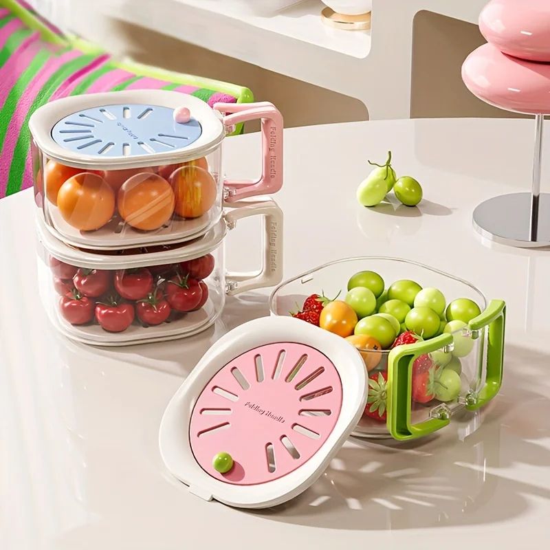 2-in-1 Double Layer Fruit Drainer Container with Foldable Handle – Versatile Food Strainer Basket for Washing, Draining