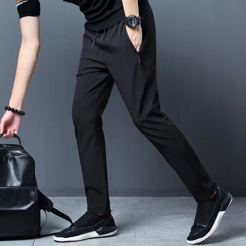 Mens Casual Jogger Pants Straight Slim Fit with Elastic Waist, Korean Style Trousers in Blue Black Gray Plus Size