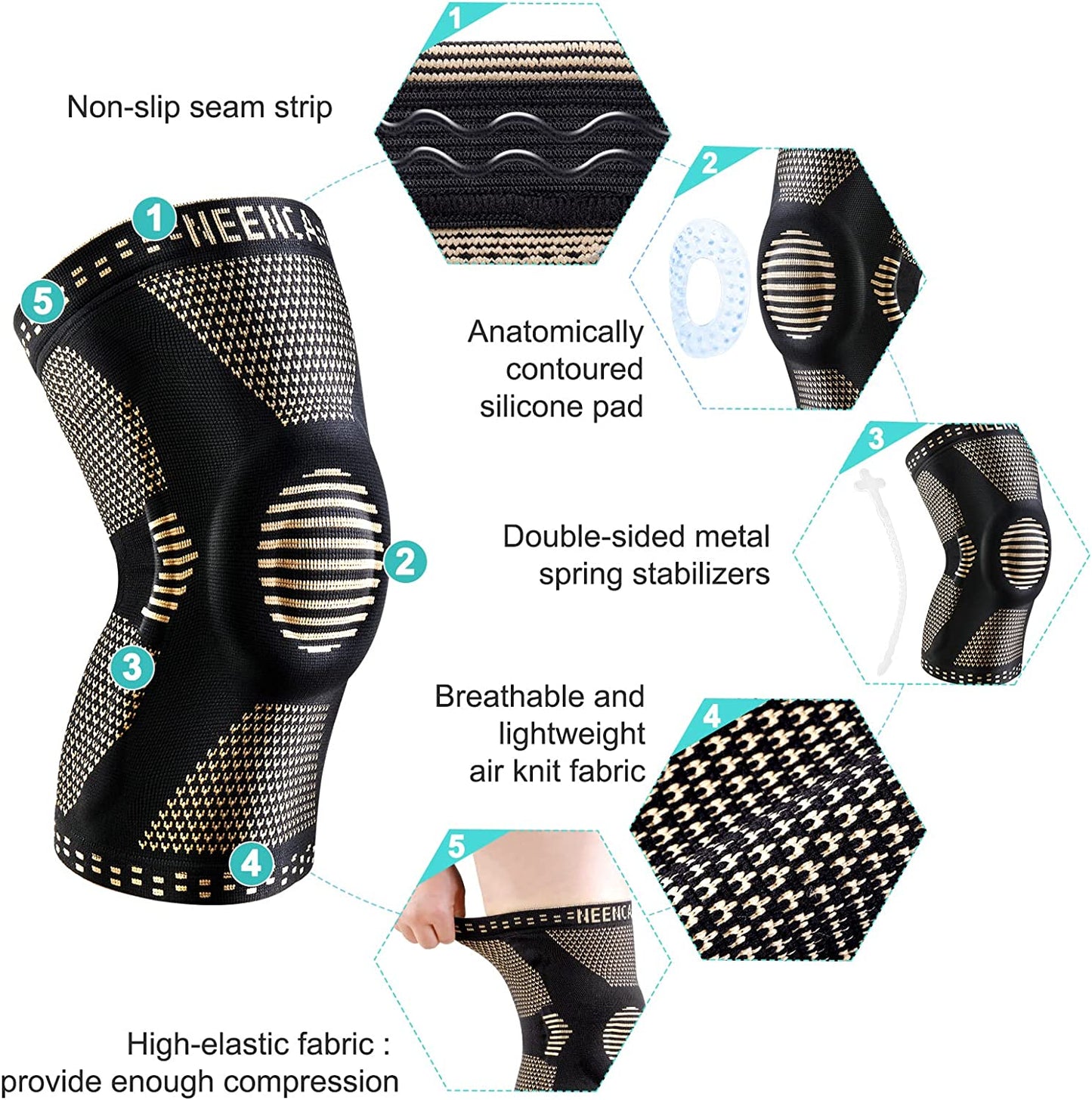 Knee Support Copper Brace with Gel Pad & Side Stabilizers, Sport Arthritis Joint Pain Relief