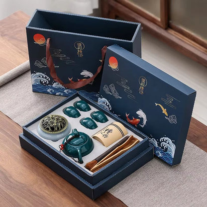 Chinese Kungfu Tea Set with Pot, Four Cups, Sandalwood Stove and Incense Burner Gift Box