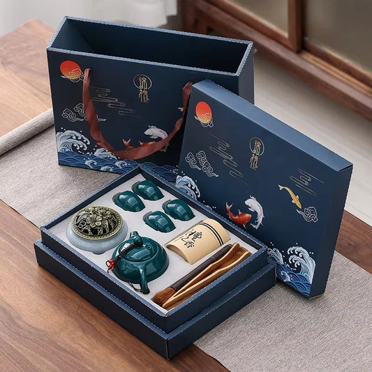 Chinese Kungfu Tea Set with Pot, Four Cups, Sandalwood Stove and Incense Burner Gift Box