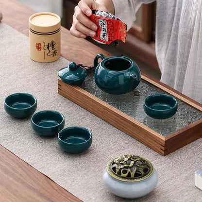 Chinese Kungfu Tea Set with Pot, Four Cups, Sandalwood Stove and Incense Burner Gift Box