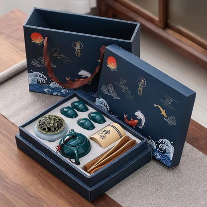 Chinese Kungfu Tea Set with Pot, Four Cups, Sandalwood Stove and Incense Burner Gift Box