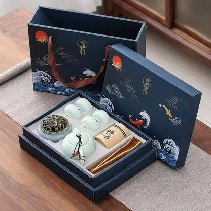 Chinese Kungfu Tea Set with Pot, Four Cups, Sandalwood Stove and Incense Burner Gift Box