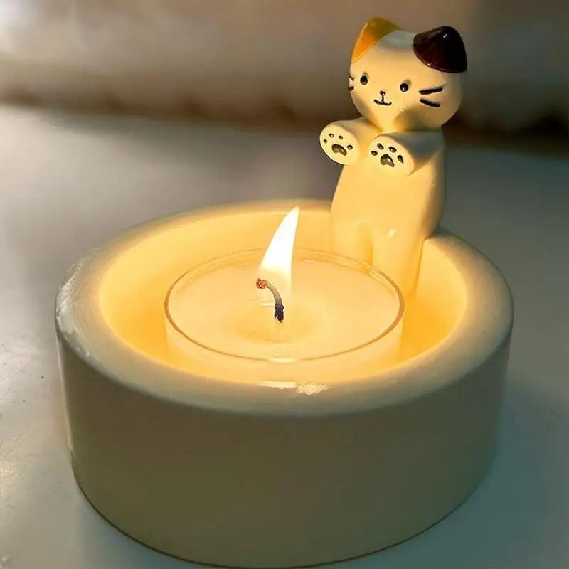 Cute Kitten Candle Holder with Hand-Warming Paws Design