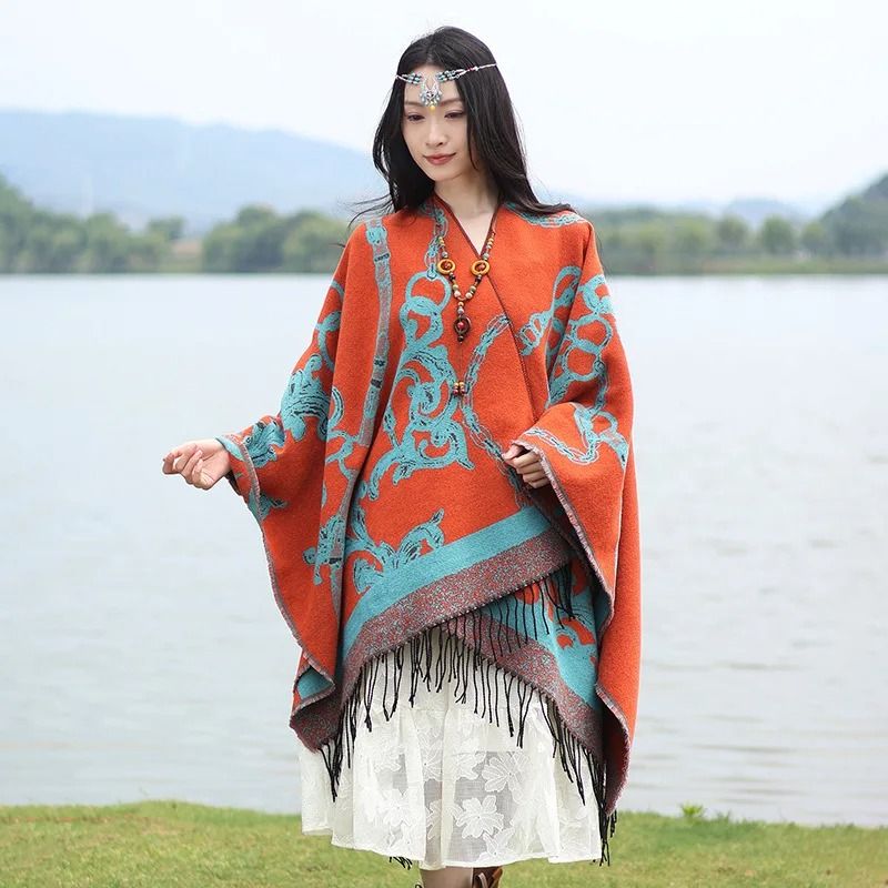 Luxury Jacquard Cashmere Shawl Unisex Winter Poncho Cape