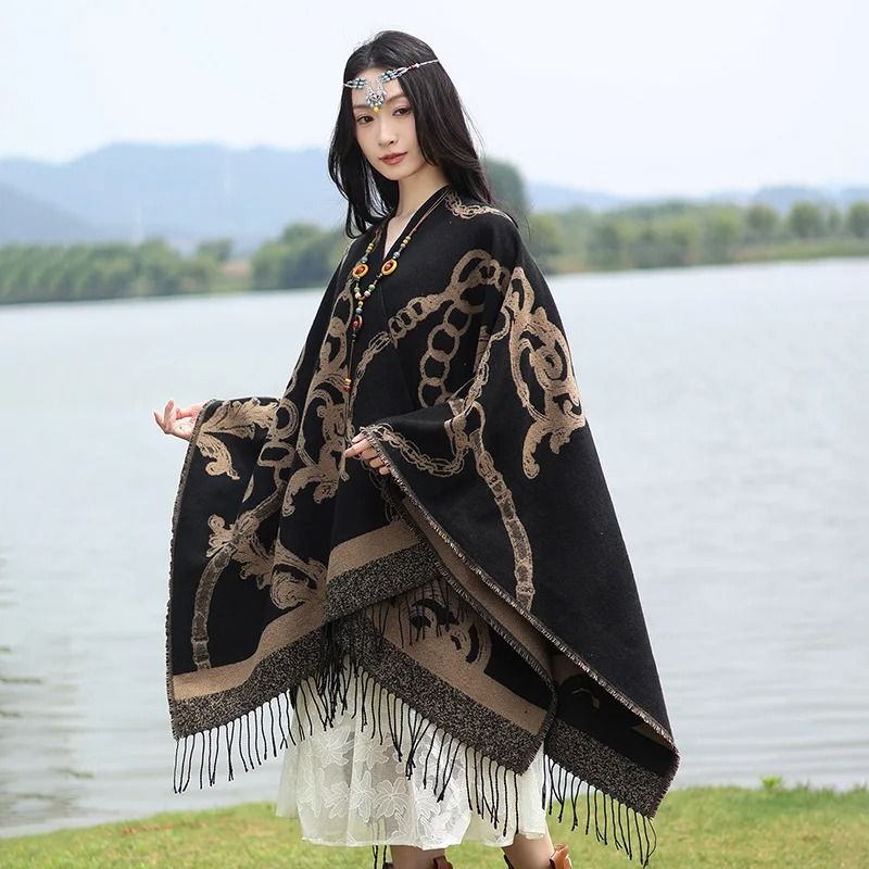 Luxury Jacquard Cashmere Shawl Unisex Winter Poncho Cape