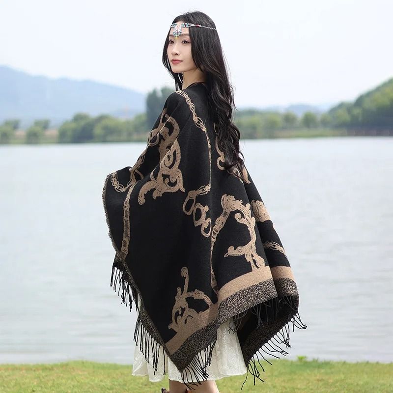 Luxury Jacquard Cashmere Shawl Unisex Winter Poncho Cape