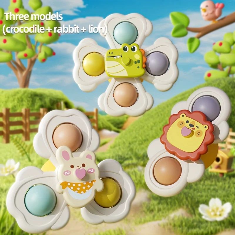 Cartoon Animal suction cup spinning top Set (1/3/6pcs) – Stick-Anywhere suction cup spinner toy for Desk, Glass & Tile