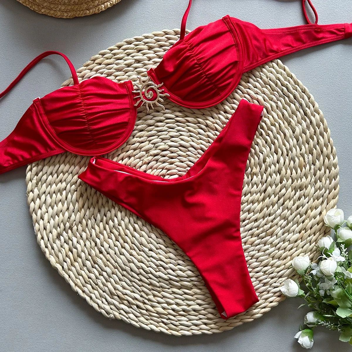 Sexy Metal Sun Push Up Underwire Micro Bikini Set for Women