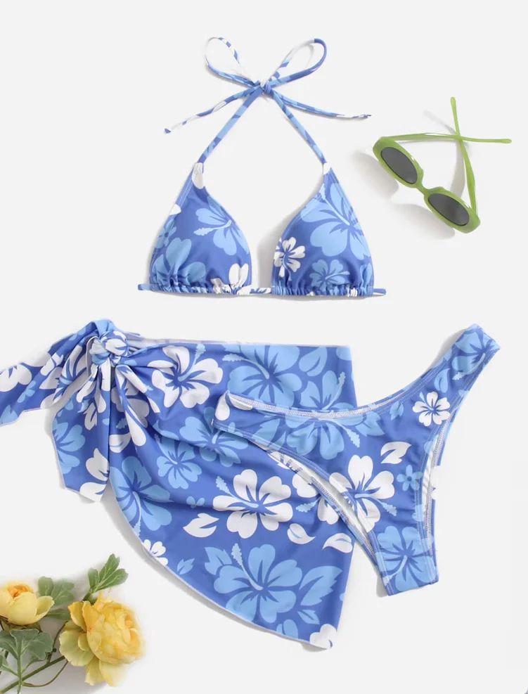 European American Sexy 3-Piece Bikini Set with Swim Skirt Cover-Up