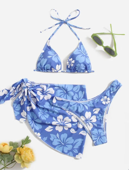 European American Sexy 3-Piece Bikini Set with Swim Skirt Cover-Up