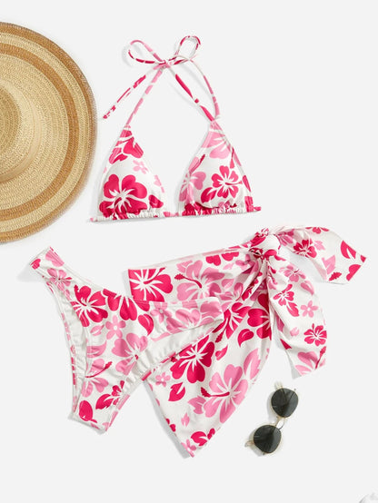 European American Sexy 3-Piece Bikini Set with Swim Skirt Cover-Up