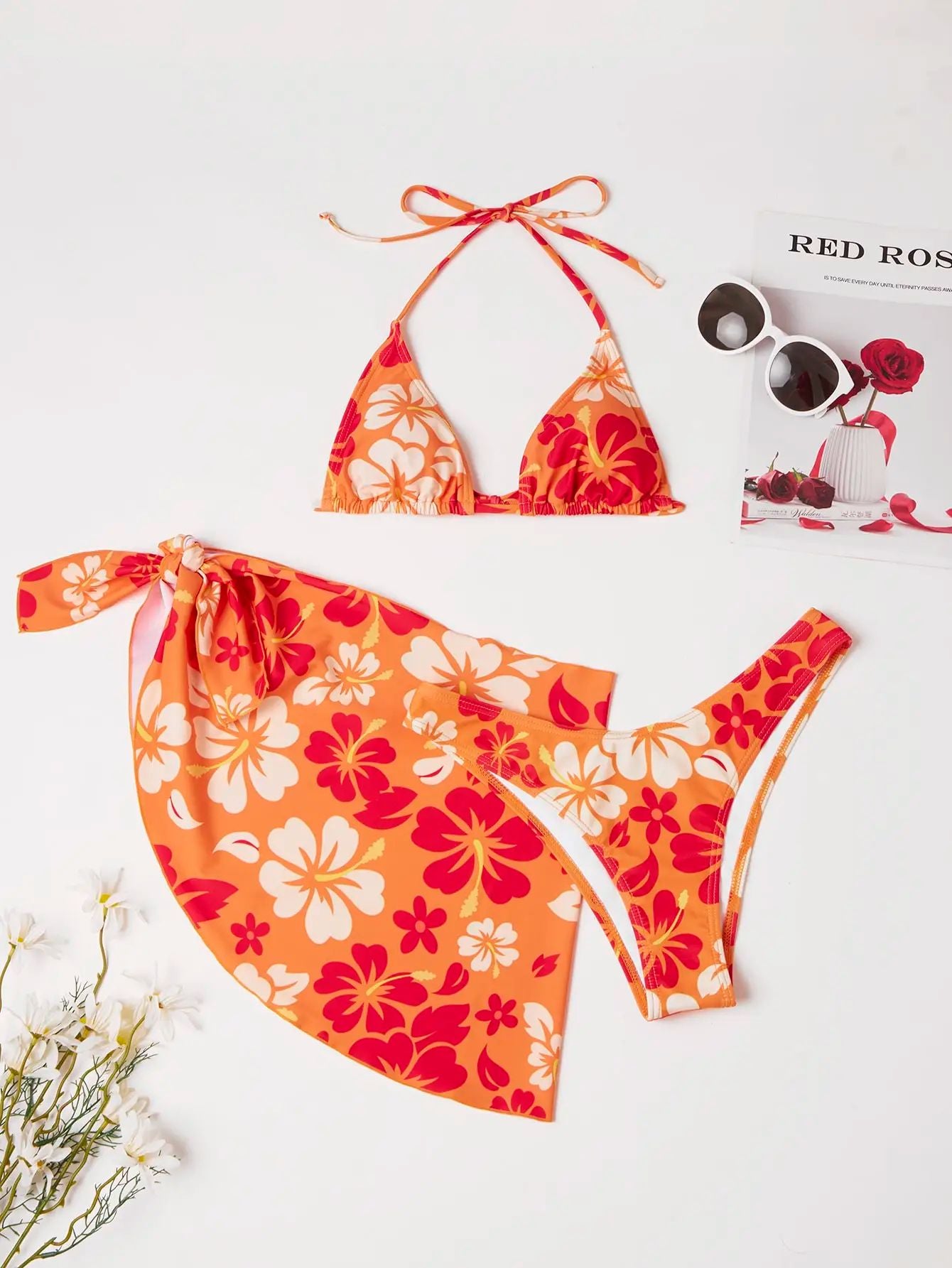 European American Sexy 3-Piece Bikini Set with Swim Skirt Cover-Up