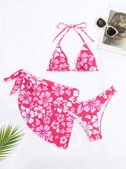 European American Sexy 3-Piece Bikini Set with Swim Skirt Cover-Up
