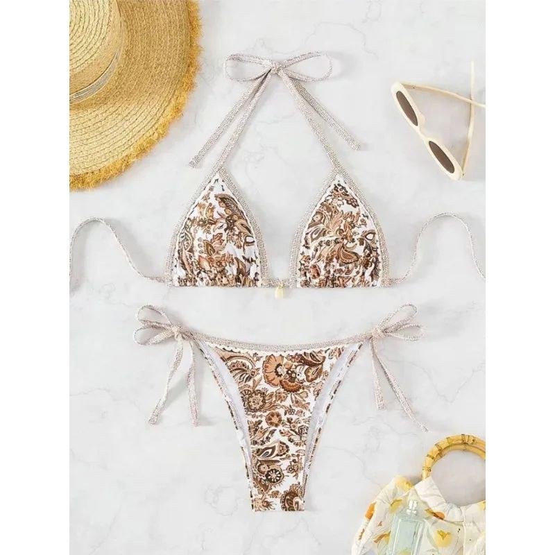 European American Printed Split Bikini Set Sexy Strap Swimsuit