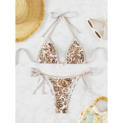 European American Printed Split Bikini Set Sexy Strap Swimsuit