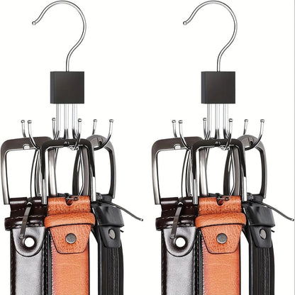 24-Slot Rotating Multi-Claw Belt & Accessory Hanger – 360° Metal Hook Closet Organizer with Wooden Top