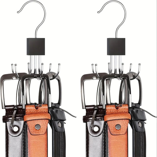 24-Slot Rotating Multi-Claw Belt & Accessory Hanger – 360° Metal Hook Closet Organizer with Wooden Top