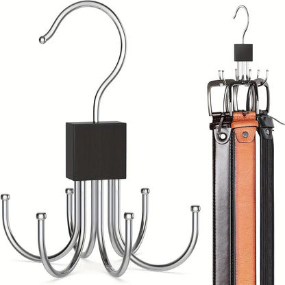 24-Slot Rotating Multi-Claw Belt & Accessory Hanger – 360° Metal Hook Closet Organizer with Wooden Top