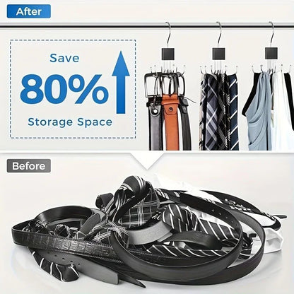 24-Slot Rotating Multi-Claw Belt & Accessory Hanger – 360° Metal Hook Closet Organizer with Wooden Top