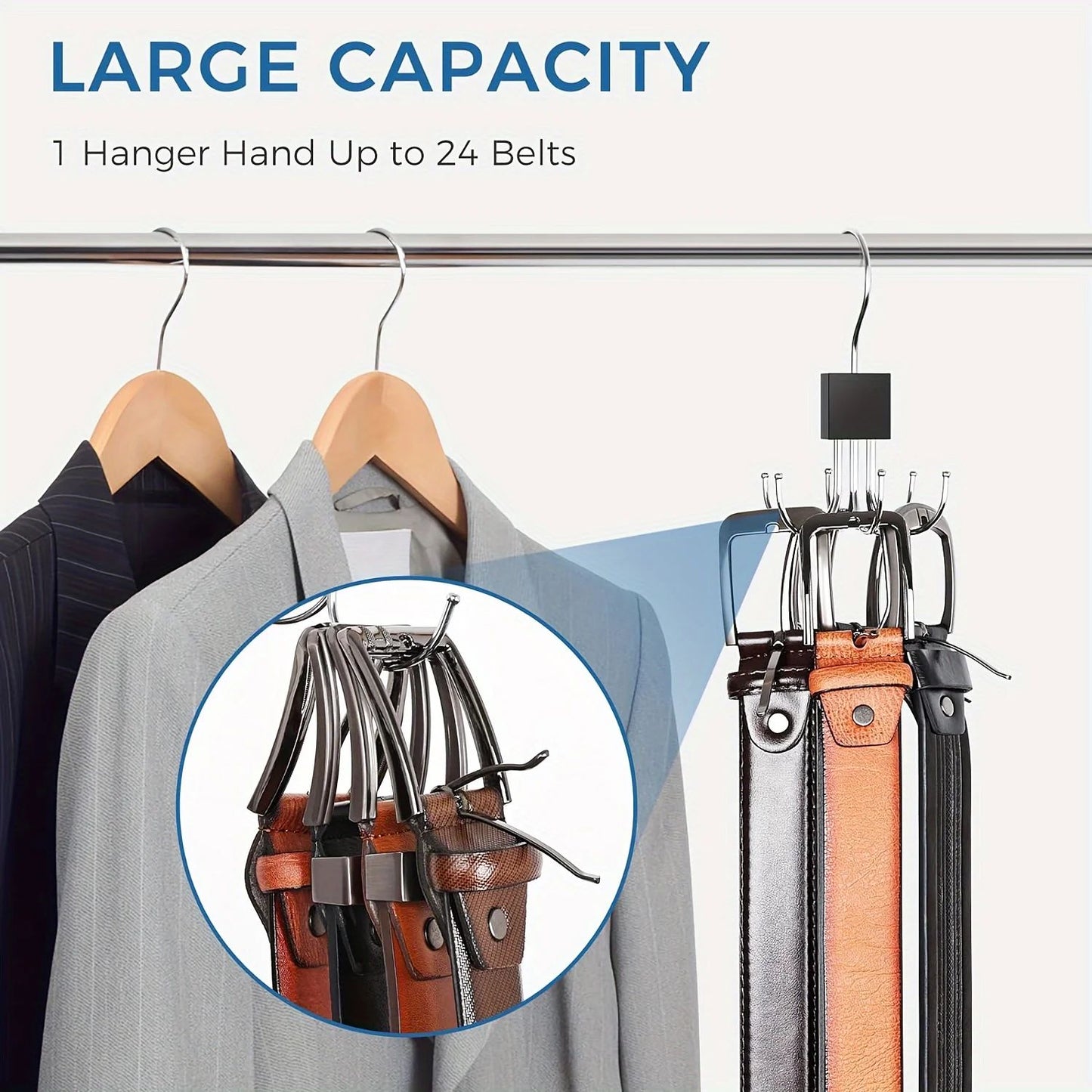 24-Slot Rotating Multi-Claw Belt & Accessory Hanger – 360° Metal Hook Closet Organizer with Wooden Top