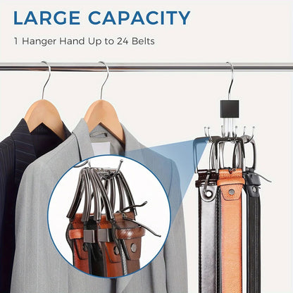 24-Slot Rotating Multi-Claw Belt & Accessory Hanger – 360° Metal Hook Closet Organizer with Wooden Top